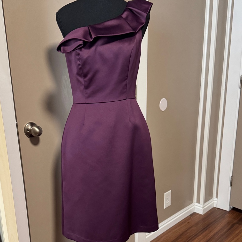 Lela Rose One-Shoulder Ruffle Dress in Deep Plum